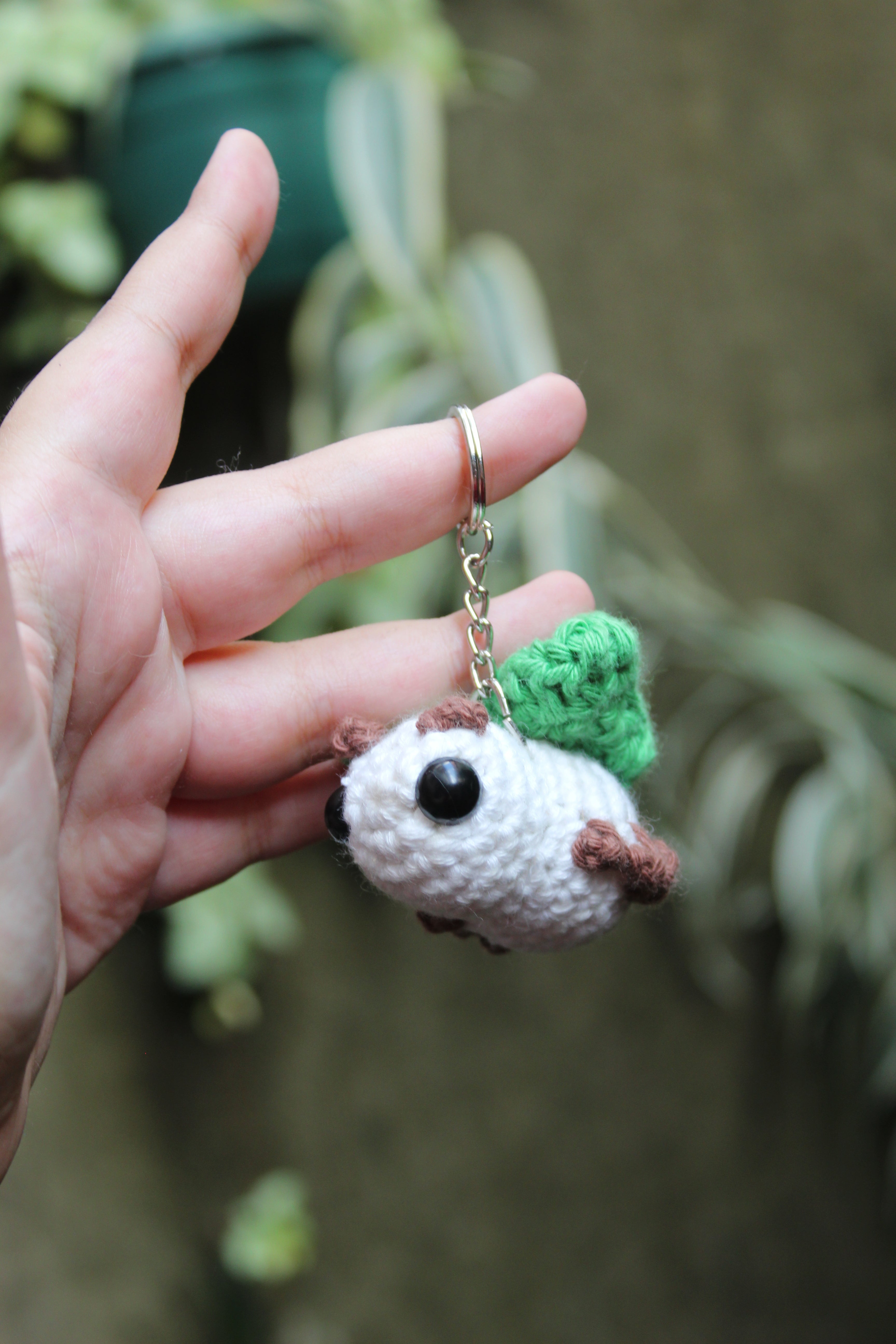 White Moth Keychain with Green Wings — Amigurumi